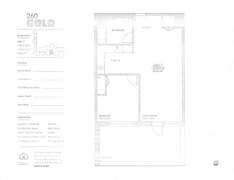 A floor plan for a property at 260 Gold Street shows a layout with a living room, a kitchen, a bathroom, and a bedroom.